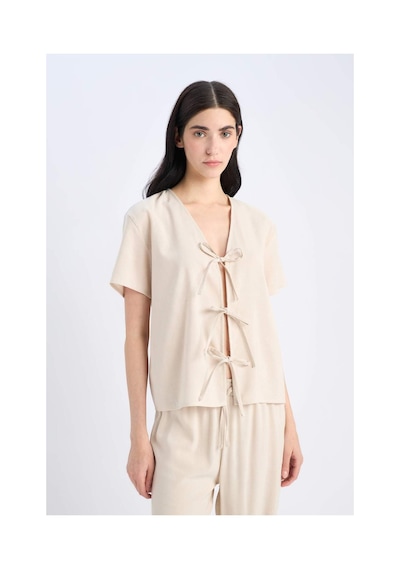 DeFacto Pijama Takımı Keten Kısa Kollu Üst Esnek Belli Alt-Fall in Love E3571AX25SPBG778