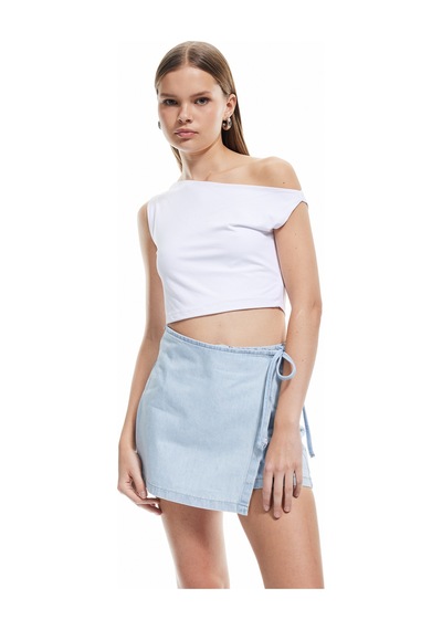 Koton Pamuklu Bağlama Detaylı Mini Denim Şort Etek Bleach 5sal40010md Açık Mavi