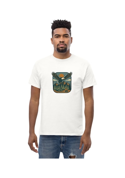 Wildstyle Kartal Renkli Vintage Yaban Hayat Doğa Dağ Rozet Baskılı Unisex Bisiklet Yaka Pamuklu Tişört Beyaz