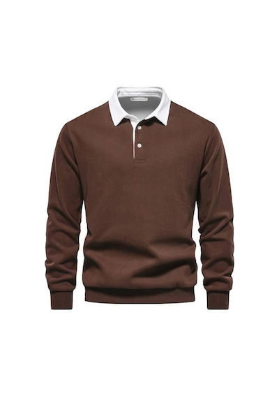 Ghassy Co. Erkek Retro Renk Bloklu Pamuklu Gömlek Yaka Sweatshirt Kahve