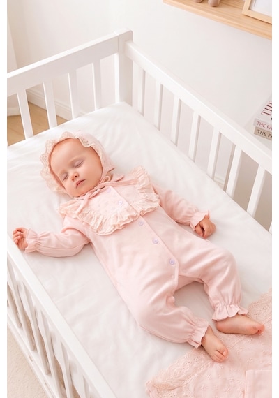 Babymod Güpürlü Şapkalı Bebe Yakalı 100% Pamuk Kız Bebek Tulum Somon