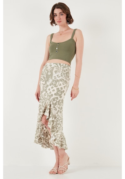 Lela Regular Fit Desenli Yüksek Bel Volanlı Midi Boy Yırtmaçlı Bayan Etek 5869013 Olive