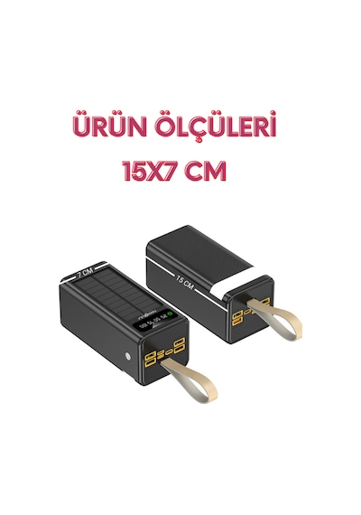 50.000 Mah Powerbank Güneş Enerjili Solar Hızlı Şarj Göstergeli Kablolu Taşınabilir Batarya 22.5w Siyah