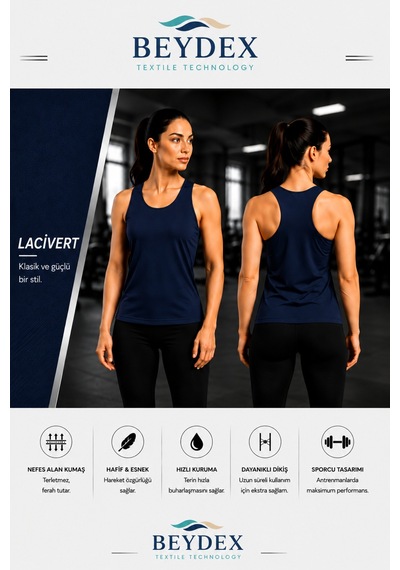 Beydex Bisiklet Yaka Sıfır Kollu Standart Kalıp Kadın Spor Atlet Lacivert