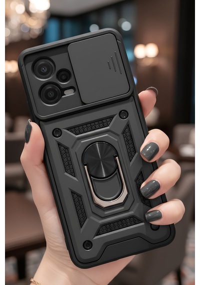 Poco X5 5g Kılıf Sürgülü Kamera Korumalı Yüzüklü Stand Olabilen Magnetic Tpu Tank Kapak