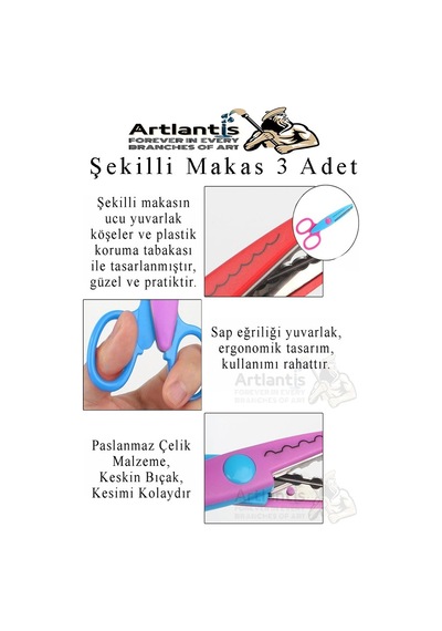 Şekilli Makas Metal Plastik Kaplamalı 3 Lü 1 Paket Desenli Tırtıklı Şekilli Kesen Makas Seti Güvenli Çocuk Okul Öncesi