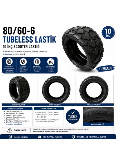 Elektrikli Scooter 10 İnç Lastik Offroad Lastiği 80/60-6 Tubeless Lastik