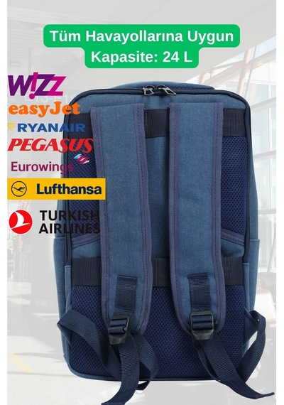 Jet Turtle Seyahat Sırt Çantası 40cm 40x25x15 Cm Pegasus, Wizz Air, Ryanair, El Valizi Koltuk Altı Valizi Mavi Kanvas