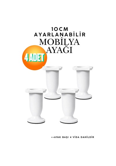 Yonca Beyaz Mobilya Ayağı 10 Cm - Ayarlanabilir Plastik Kanepe Sehpa Dolap Baza Tezgah Ayağı 4'lü Set Beyaz Beyaz