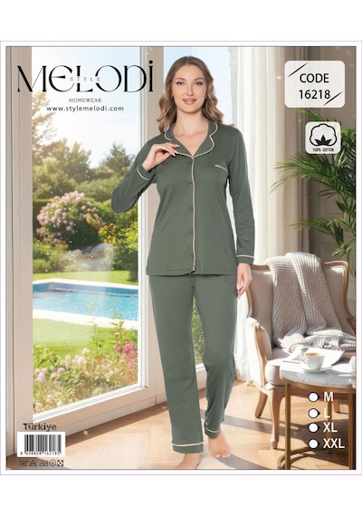 Melodi Kadın %100 Pamuk Önden Düğmeli Uzun Kol Baharlık Pijama Takımı 16218 - 1 Adet Haki