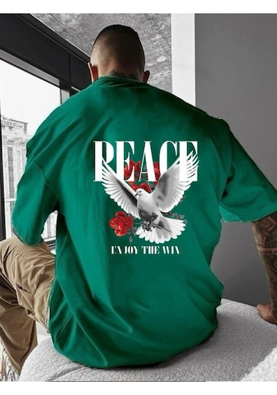 Peace Baskılı Oversize Tişört Yeşil