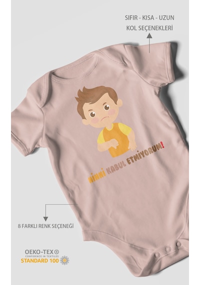 Ninni Kabul Etmiyorum Baskılı Bebek Zıbını Çıtçıtlı Body %100 Pamuk Kısa Kol Pastel Pembe