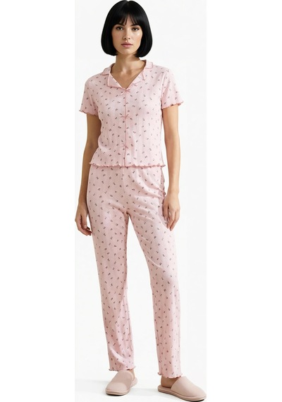 Benerly Kadın V Yaka Kısa Kol Çiçekli Pointel Örme Pijama Takımı Fonksiyo Pembe