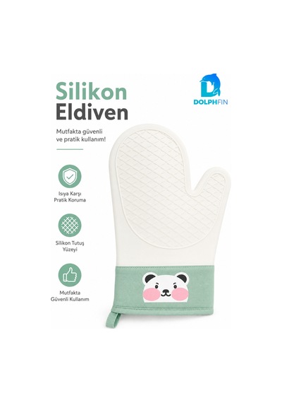 Silikon Fırın Eldiveni Panda Desenli Isıya Dayanıklı Kaymaz Mutfak Eldiveni Yeşil Cok Renkli