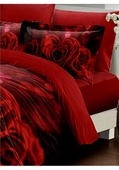 240x260 Cm Çift Kişilik Nevresim Takımı Pamuk Saten Çeyizlik Premium Güllü Kalpli Lüx Marka Kırmızı Kırmızı Gül
