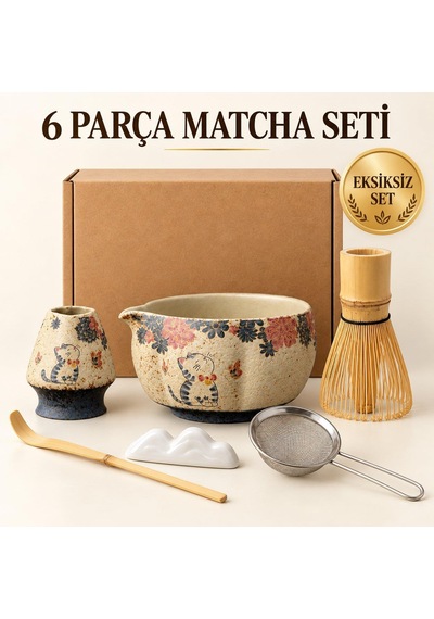 Valkyrie Kedili 6 Parça Matcha Seti Chasen Çırpıcı Chawan Kase Chashaku Kaşık Stand Ve Süzgeç Krem