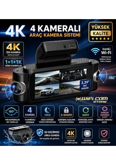 4 Kameralı 4k Yüksek Kalite Ekranlı Wifi Araç Kamerası