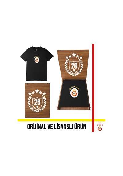 Galatasaray Lisanslı 5 Yıldız Büyük Logolu Siyah T-shirt 26 Şampiyonluk Ahşap Kutulu E251402