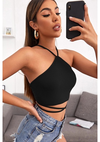 Alfa Aksesuar 03 Kadın Siyah Sırtı Açık Boyundan Çapraz Bağlamalı Crop Top Bluz