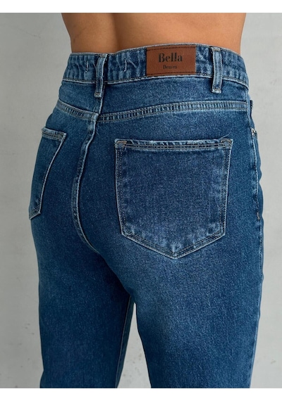 Zeo Basic Likralı Mom Jean Koyu Mavi Taşlamalı Koyu Mavi Taşlamalı
