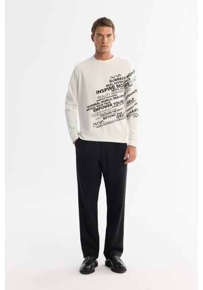 Avva Erkek Ekru Bisiklet Yaka Pamuklu Baskılı Regular Fit Sweatshirt A42y1285
