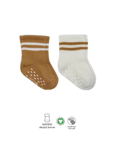 Akıllı Bayi 2'li Çemberli Kaymaz Soket Çorap 10125 Ekru Hardal renkli