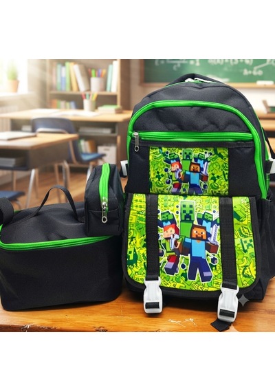 İlkokul 3 Lü Set Karekter Desenli Laptop Bölmeli Kalemlik,beslenme Çantalı Erkek Çocuk Okul Sırt Çantası 40 27 17 Cm Ebat siyah