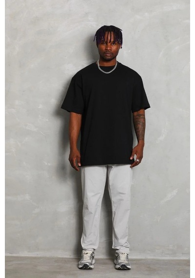 Erkek Düz Yazlık Kısa Kol Tişört Bisiklet Yaka Oversize T-shirt - Siyah