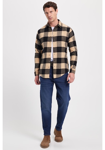 Tudors Erkek Slim Fit Dar Kesim Kareli Kışlık Oduncu Gömlek-42337 Siyah
