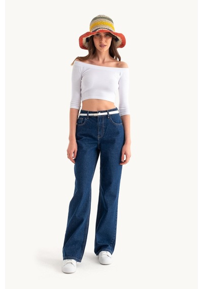 Hiccup Yüksek Bel Geniş Paçalı Kot Pantolon Koyu Mavi Denim
