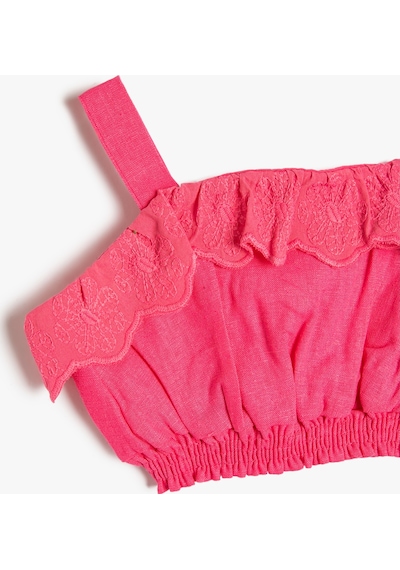 Koton Keten Crop Bluz Slim Askılı Beli Lastikli Fırfırlı Pembe 3smg60010aw 3SMG60010AW294 Pembe