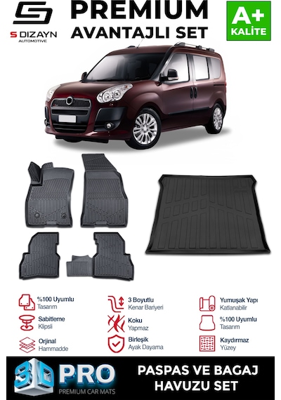 S-dizayn Fiat Doblo Geniş Aile 3d Pro Havuzlu Paspas Ve Bagaj Havuzu Seti 2'li Set 2010-2022 A+ Kalite