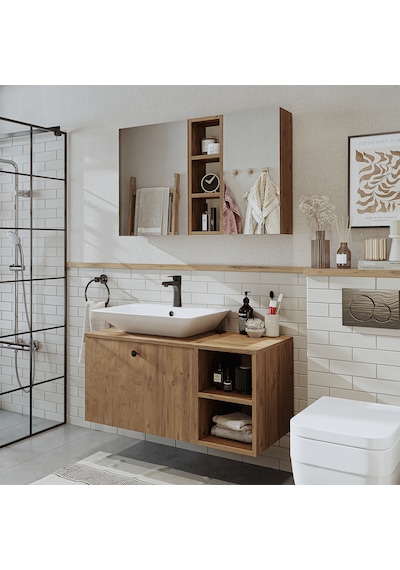 Lotus Ayaksız Lavabolu Mdf 95 Cm Çekmeceli Oval Lavabolu Banyo At Atlantik Çam