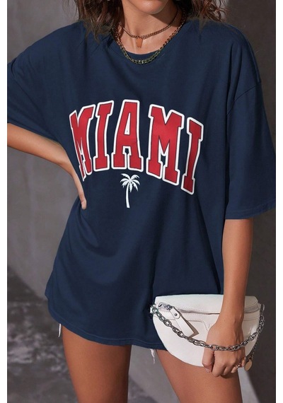 Uyguntarz Unisex Miami Baskılı Tasarım Tshirt Lacivert