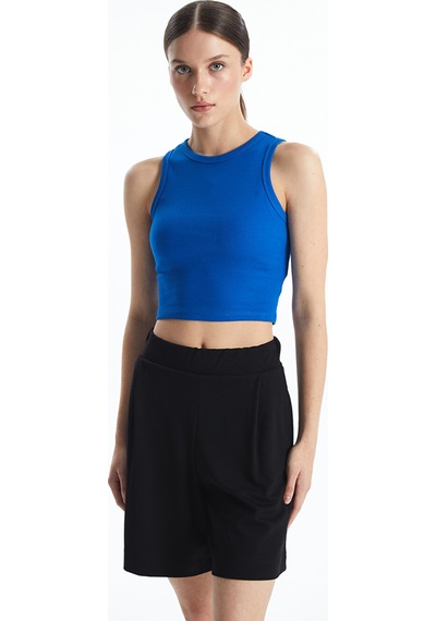 Lcw Vision Mavi Bisiklet Yaka Dokulu Kadın Crop