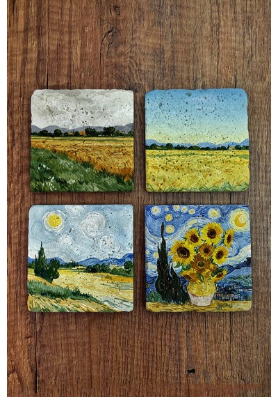 Doğal Taş Bardak Altlığı - Van Gogh Aı Eserleri Baskılı 10x10cm Yapay Zeka Stone Coasters 483 Çok Renkli
