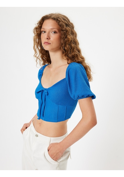 Koton Crop Tişört Balon Kol Korse Görünümlü Bürümcük V Yaka Slim Fit Mavi 4sal11118ık Mavi