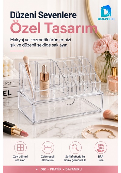 Organizerli Çekmece Set Şeffaf Makyaj Kozmetik Takı Ruj Oje Pamuk Düzenleyici