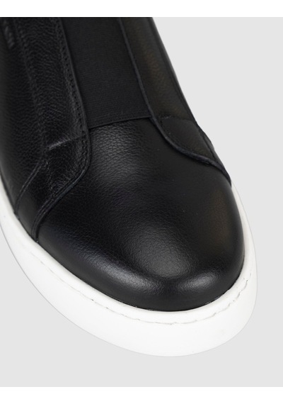 Cabani Hakiki Deri Siyah Beyaz Taban Bağcıksız Erkek Sneaker Ayakkabı