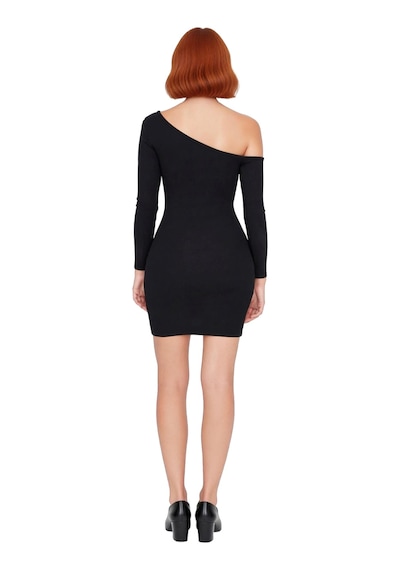 Ersefa Kadın Omzu Açık Asimetrik Yaka Bodycon Uzun Kollu Mini Fitilli Ör Siyah