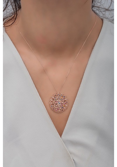 925 Ayar Gümüş Renkli Taşlı Yaşam Çiçeği Kolye Rose Gold
