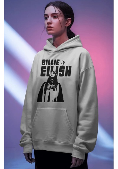 Sevbano Billie Eilish Şarkıcı Ön Baskılı Unisex Oversize Premium Hoodie beyaz