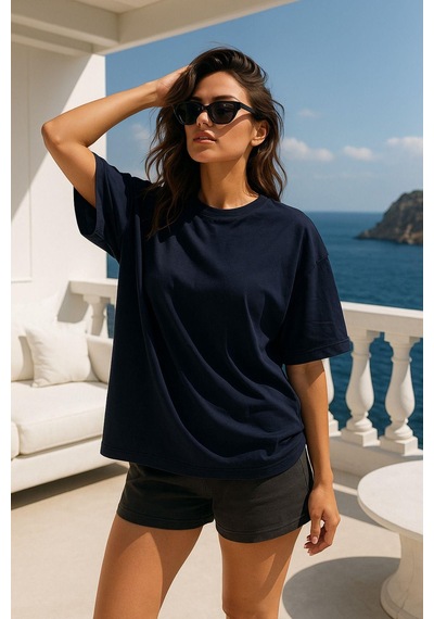 Kadın 3'lü Paket Lacivert-mavi-beyaz %100 Pamuk Oversize Basic Tişört Bisiklet Yaka Relaxed T-shirt Çok Renkli
