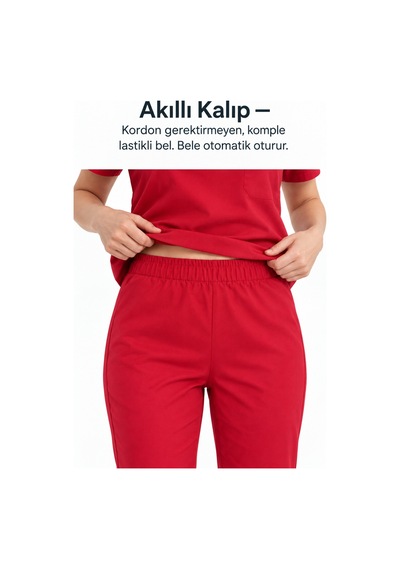Kadın Hemşire Ve Doktor Forması V Yaka Rahat Kesim Boru Paça Alt Üst Takım Kırmızı
