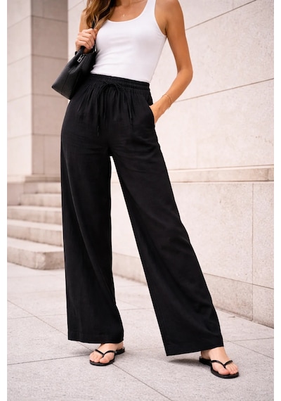 Bbbutikbasic Keten Palazzo Pantolon Tok Doku Tr0935 siyah