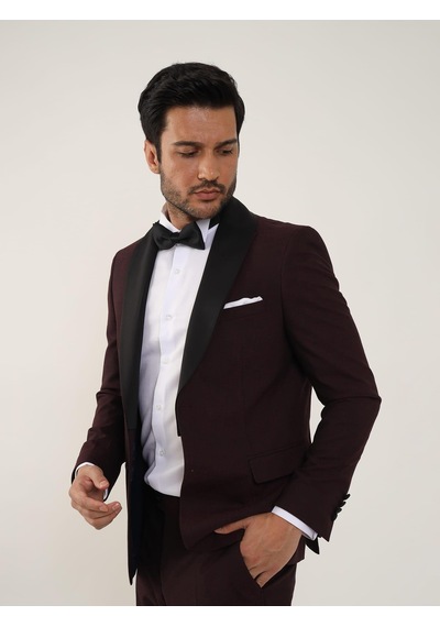 Dufy Bordo Erkek Slim Fit Düz Sivri Yaka Smokin Takım - 84171-Bordo