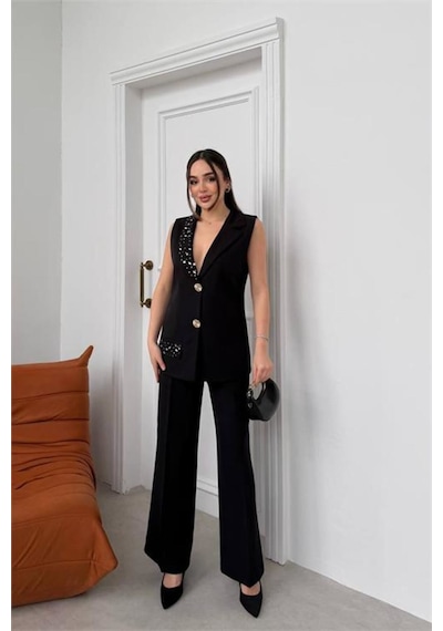 Neşeli Butik Kadın Siyah Taş İşlemeli Düğme Detaylı Kolsuz Blazer Ceket Pantolon Takım Nbstr1030 Neşeli Butik Kadın Siyah Taş İşlemeli Düğme Detaylı Kolsuz Blazer Ceket Pantolon Takım Nbstr1030