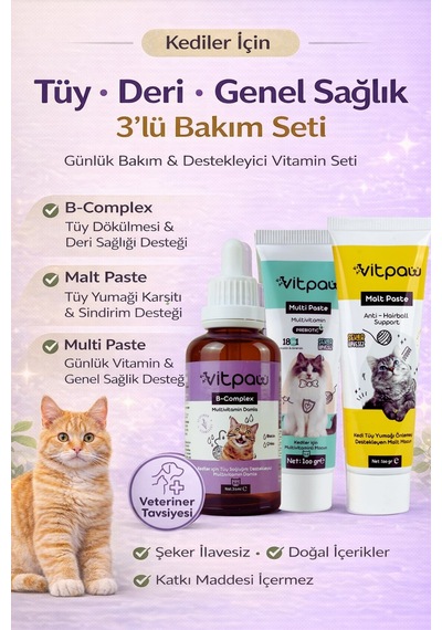 Kediler İçin Tüy Ve Genel Sağlık Vitamin Seti Malt Paste - B+ Complex - Multi Paste