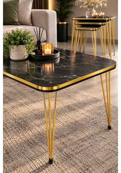 Sulorahome Siyah Ve Gold Metal Ayaklı 4'lü Sehpa Seti Altın - Siyah