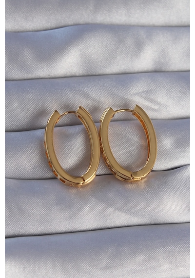 Pirinç Gold Renk Zirkon Taşlı Oval Model Küpe Altın
